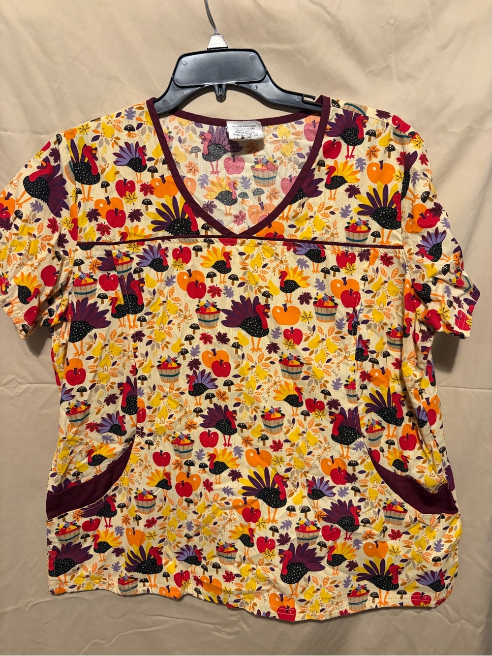 UA Scrubs Cream Floral & Fruit V-Neck Top with Maroon Trim